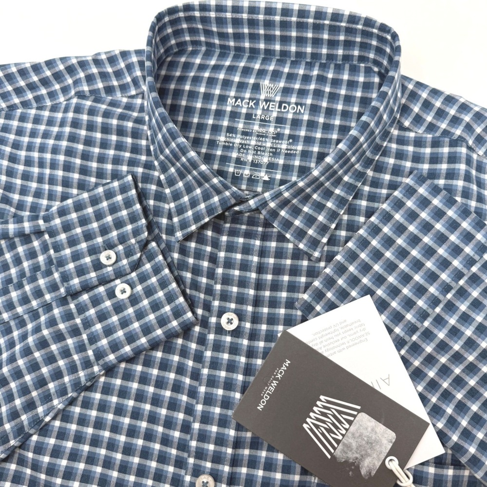 Mack Weldon Airflex Shirt Large True Navy Gingham Seawool Button Down M01Y04 NEW